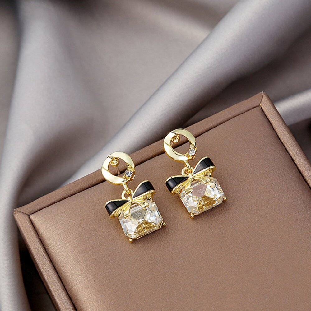 Gold Bow Drop Earrings with Clear Crystal